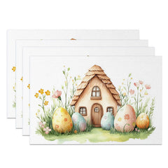 Aperturee - Aperturee Easter Mushroom House Set of 4 Placemats Fantasy Cottage with Eggs Spring Garden Table Mats