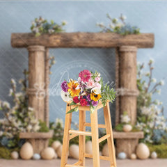 Aperturee - Aperturee Easter Photography Backdrop Rustic Wooden Frame with White Flowers and Eggs Spring Portrait Background