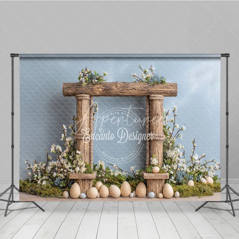 Aperturee - Aperturee Easter Photography Backdrop Rustic Wooden Frame with White Flowers and Eggs Spring Portrait Background