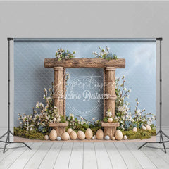 Aperturee - Aperturee Easter Photography Backdrop Rustic Wooden Frame with White Flowers and Eggs Spring Portrait Background