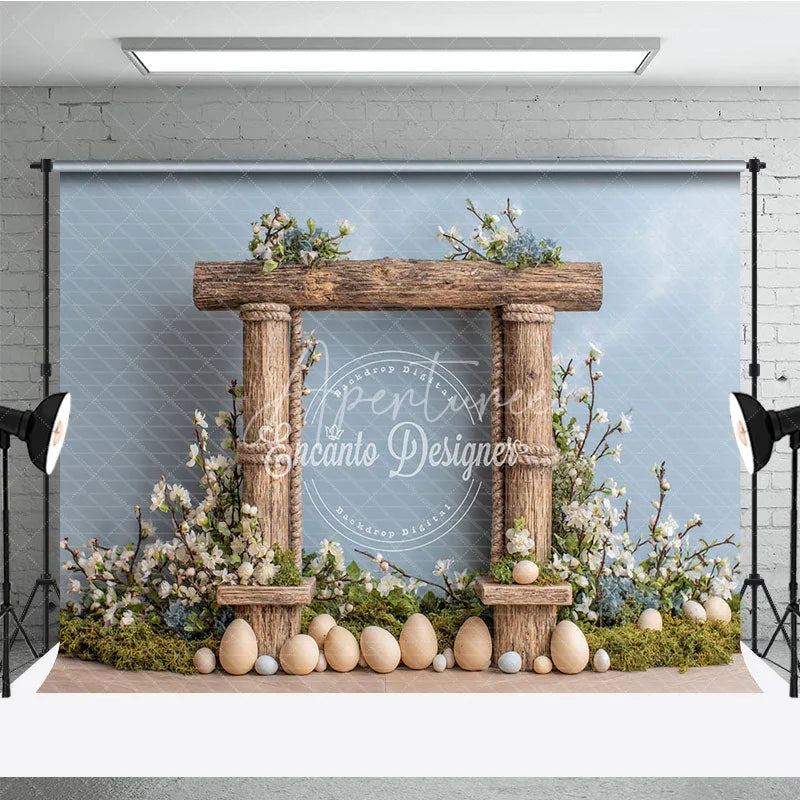 Aperturee - Aperturee Easter Photography Backdrop Rustic Wooden Frame with White Flowers and Eggs Spring Portrait Background