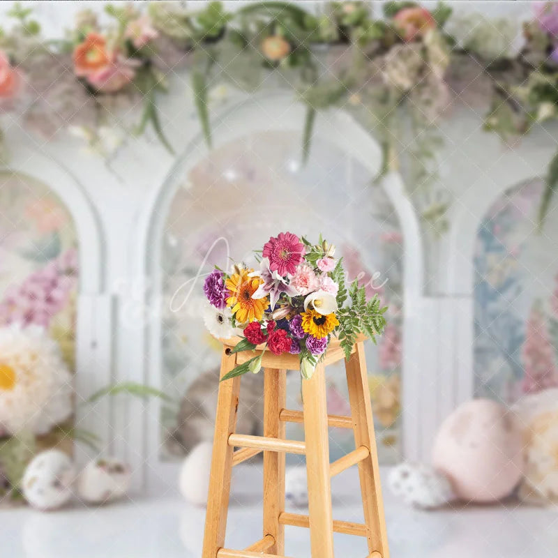 Aperturee - Aperturee Easter Rabbit Arched Window Backdrop Spring Floral Garland and Garden Party Decoration
