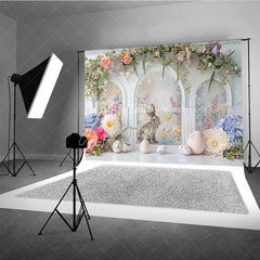 Aperturee - Aperturee Easter Rabbit Arched Window Backdrop Spring Floral Garland and Garden Party Decoration