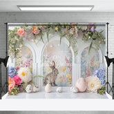 Aperturee - Aperturee Easter Rabbit Arched Window Backdrop Spring Floral Garland and Garden Party Decoration