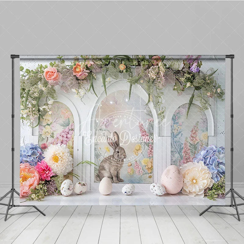Aperturee - Aperturee Easter Rabbit Arched Window Backdrop Spring Floral Garland and Garden Party Decoration
