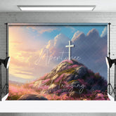 Aperturee - Aperturee Easter Religious Cross Backdrop Sunrise Sky and Pink Floral Rocky Hill Photography Background for Church Event