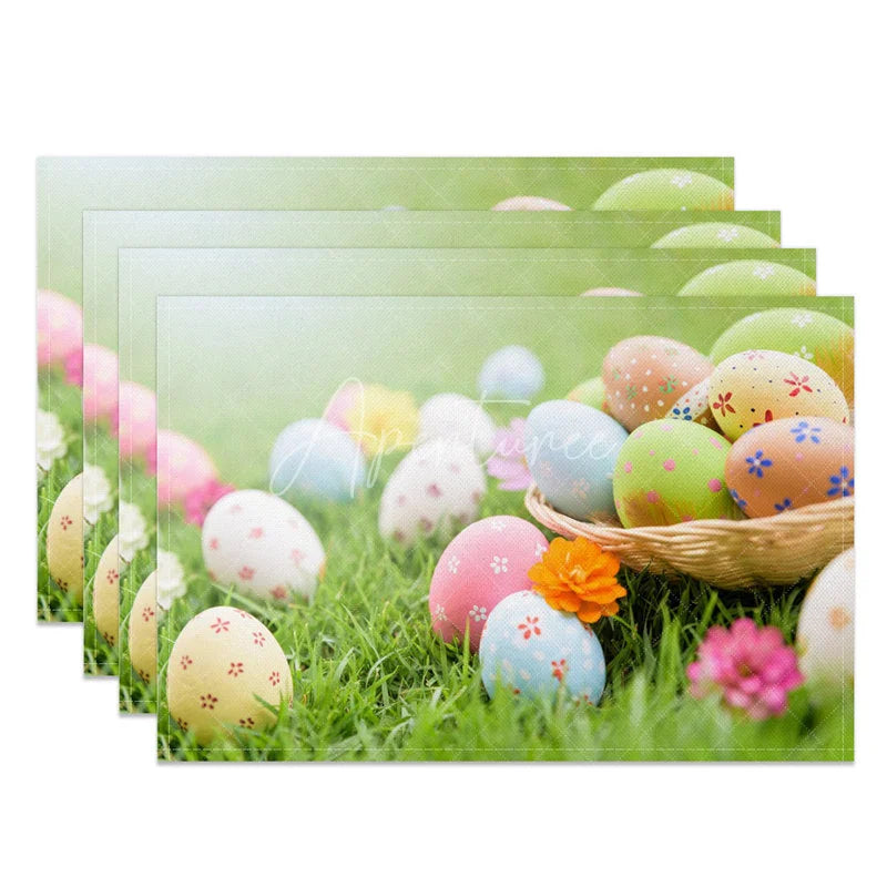 Aperturee - Aperturee Easter Set of 4 Placemats Basket of Painted Eggs Spring Green Grass Lawn Dining Table Mats