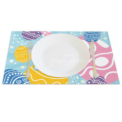 Aperturee - Aperturee Easter Set of 4 Placemats Blue Background Swirl Eggs Large Happy Easter Text Dining Table Mats