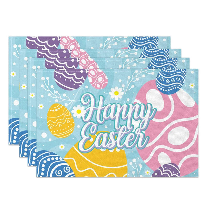 Aperturee - Aperturee Easter Set of 4 Placemats Blue Background Swirl Eggs Large Happy Easter Text Dining Table Mats