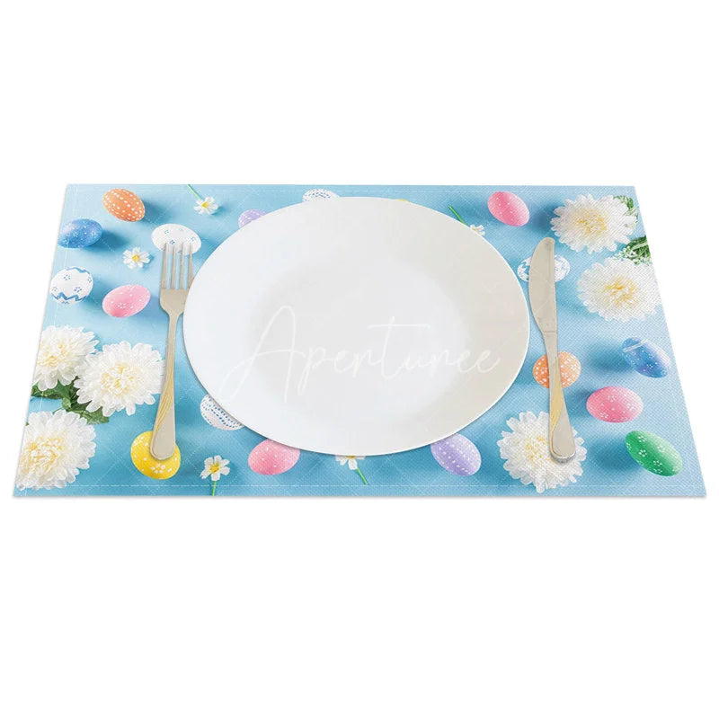 Aperturee - Aperturee Easter Set of 4 Placemats Blue Background White Flowers Pastel Eggs Border Spring Dining Table Mats