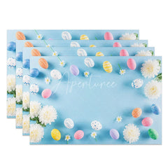 Aperturee - Aperturee Easter Set of 4 Placemats Blue Background White Flowers Pastel Eggs Border Spring Dining Table Mats