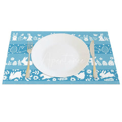 Aperturee - Aperturee Easter Set of 4 Placemats Blue Background White Silhouettes Bunny Egg Border Pattern Dining Table Mats