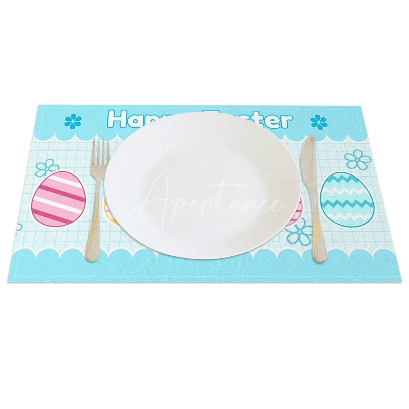 Aperturee - Aperturee Easter Set of 4 Placemats Blue Grid Pattern Eggs Happy Easter School Theme Dining Table Mats