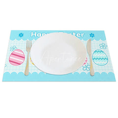 Aperturee - Aperturee Easter Set of 4 Placemats Blue Grid Pattern Eggs Happy Easter School Theme Dining Table Mats