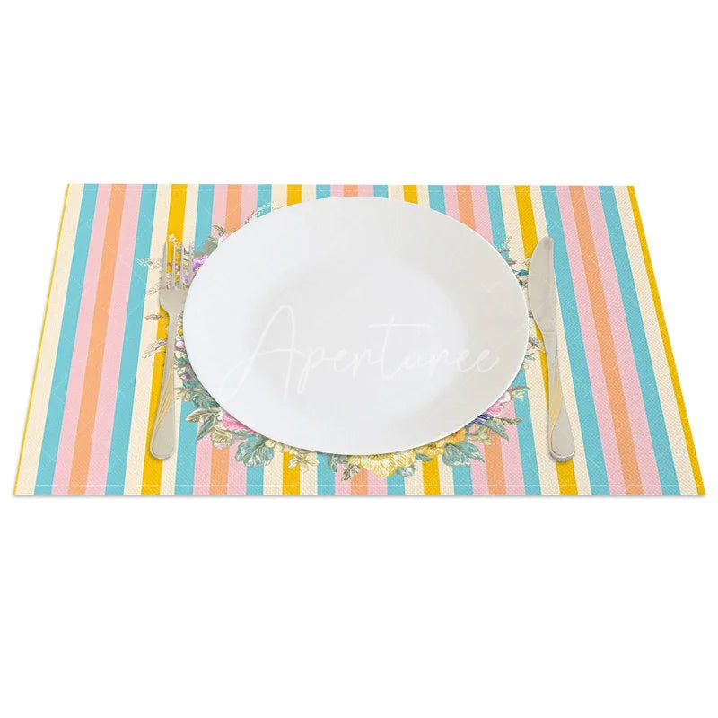Aperturee - Aperturee Easter Set of 4 Placemats Blue Pink Vertical Stripes Bunny Egg Wreath Dining Table Mats