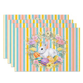 Aperturee - Aperturee Easter Set of 4 Placemats Blue Pink Vertical Stripes Bunny Egg Wreath Dining Table Mats