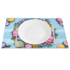 Aperturee - Aperturee Easter Set of 4 Placemats Blue Striped Floral Wreath Realistic White Rabbit Colorful Eggs Dining Table Mats