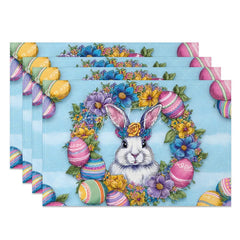 Aperturee - Aperturee Easter Set of 4 Placemats Blue Striped Floral Wreath Realistic White Rabbit Colorful Eggs Dining Table Mats