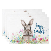 Aperturee - Aperturee Easter Set of 4 Placemats Brown Bunny Wildflowers Blue Happy Easter Text Dining Table Mats