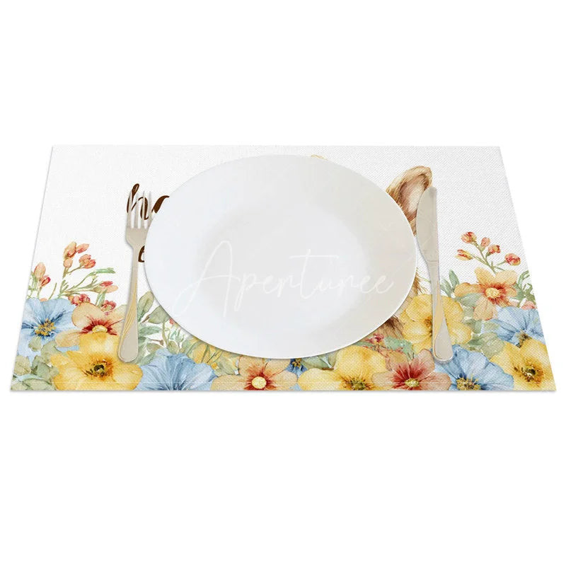 Aperturee - Aperturee Easter Set of 4 Placemats Brown Rabbit Yellow Flowers Happy Easter Spring Dining Table Mats