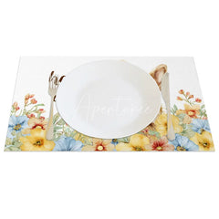 Aperturee - Aperturee Easter Set of 4 Placemats Brown Rabbit Yellow Flowers Happy Easter Spring Dining Table Mats