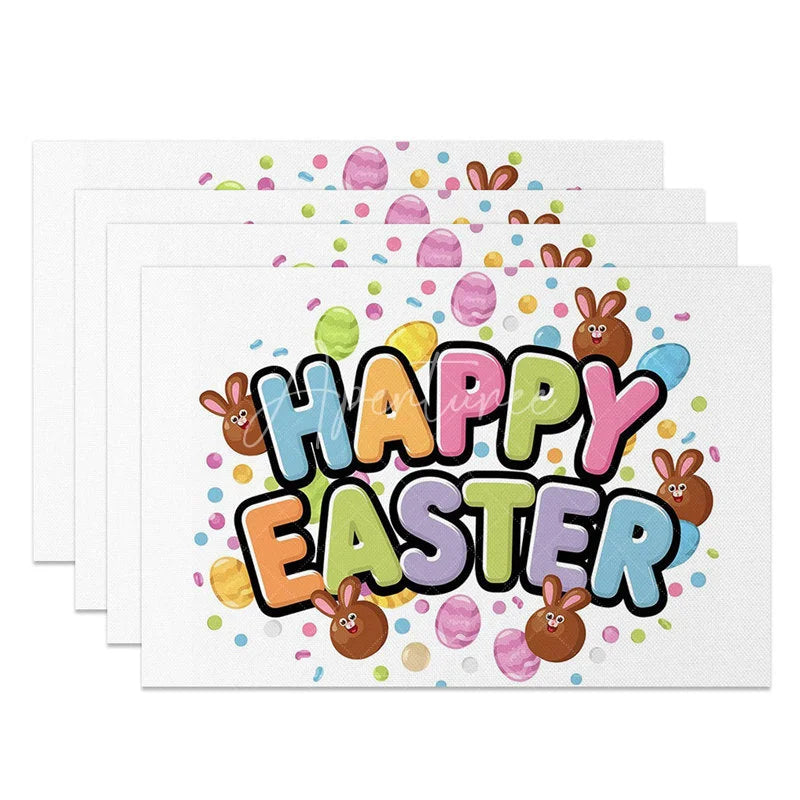 Aperturee - Aperturee Easter Set of 4 Placemats Colorful Bubble Text Chocolate Bunny Happy Easter Confetti Table Mats