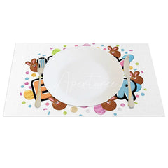 Aperturee - Aperturee Easter Set of 4 Placemats Colorful Bubble Text Chocolate Bunny Happy Easter Confetti Table Mats