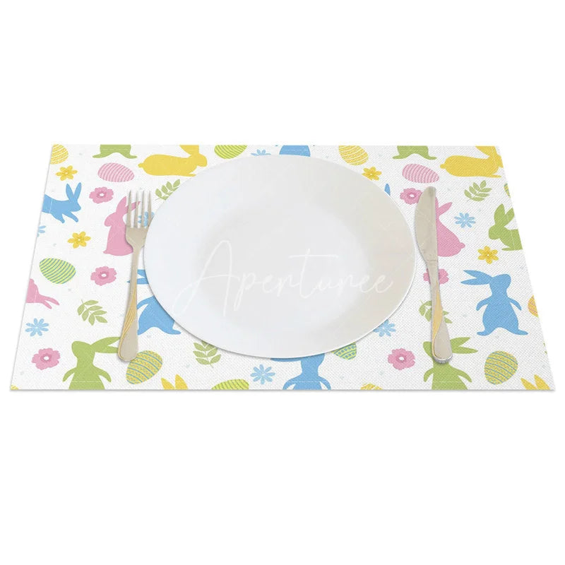 Aperturee - Aperturee Easter Set of 4 Placemats Colorful Bunny Silhouette Pattern Pastel Eggs White Background Dining Table Mats