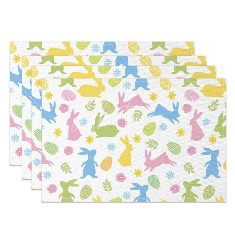 Aperturee - Aperturee Easter Set of 4 Placemats Colorful Bunny Silhouette Pattern Pastel Eggs White Background Dining Table Mats