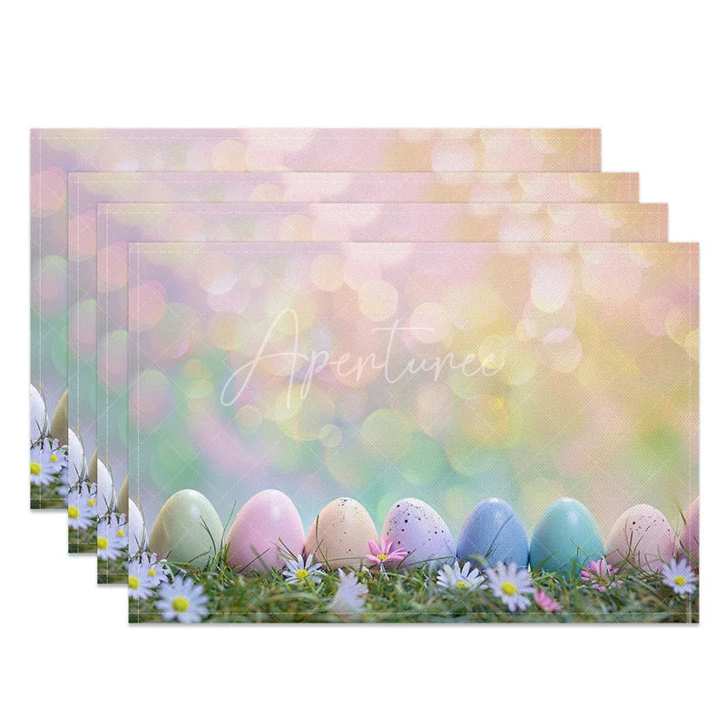 Aperturee - Aperturee Easter Set of 4 Placemats Colorful Eggs in Grass Dreamy Bokeh Spring Light Dining Table Mats