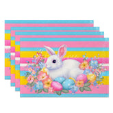 Aperturee - Aperturee Easter Set of 4 Placemats Colorful Stripes White Rabbit Floral Wreath Dining Table Mats