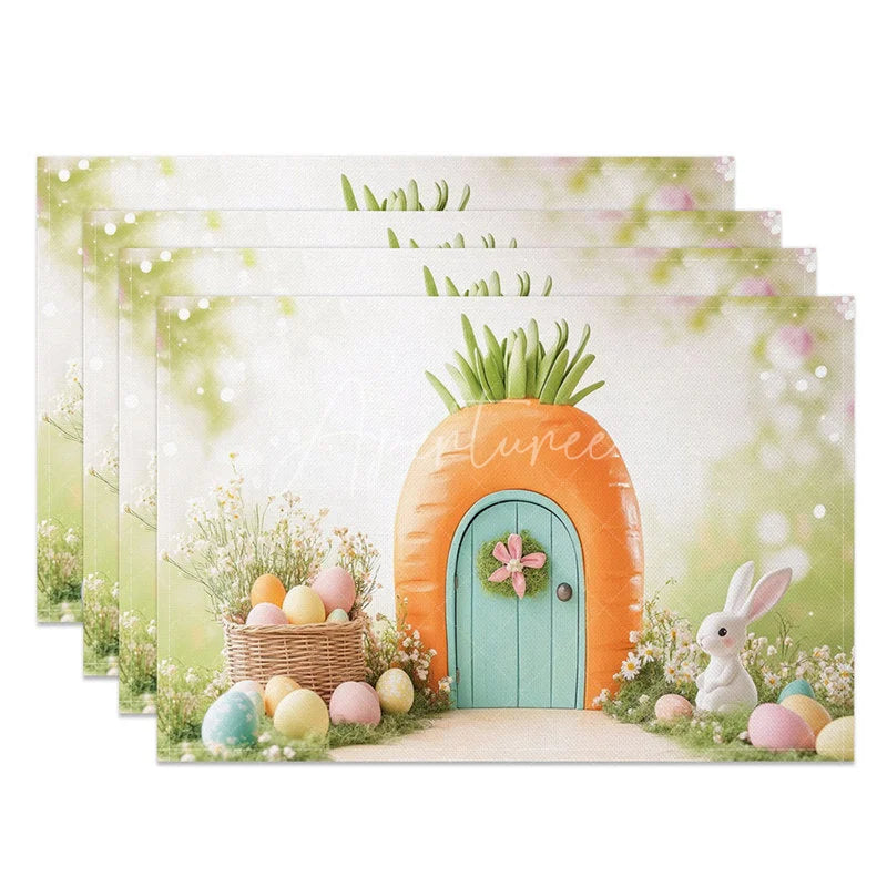 Aperturee - Aperturee Easter Set of 4 Placemats Fantasy Carrot House White Bunny Basket Eggs Garden Dining Table Mats