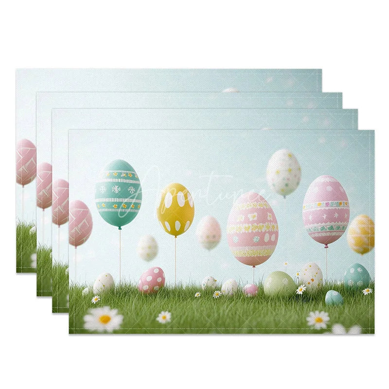 Aperturee - Aperturee Easter Set of 4 Placemats Floating Egg Balloons Blue Sky Grass Spring Dining Table Mats