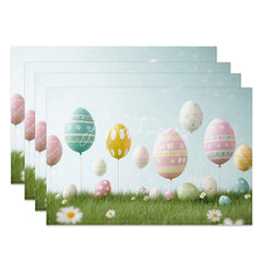 Aperturee - Aperturee Easter Set of 4 Placemats Floating Egg Balloons Blue Sky Grass Spring Dining Table Mats