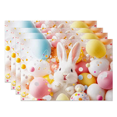 Aperturee - Aperturee Easter Set of 4 Placemats Fluffy White Bunny Balloons Happy Spring Confetti Colorful Dining Table Mats