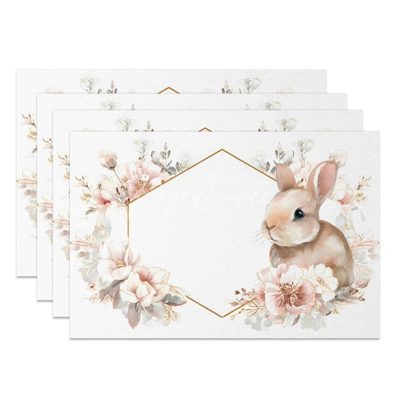 Aperturee - Aperturee Easter Set of 4 Placemats Gold Hexagon Geometric Frame Pink Floral Bunny Dining Table Mats