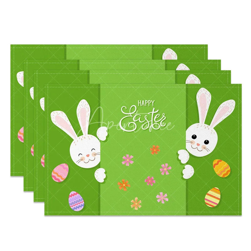 Aperturee - Aperturee Easter Set of 4 Placemats Green Background Peeking Bunnies Happy Easter Colorful Eggs Dining Table Mats