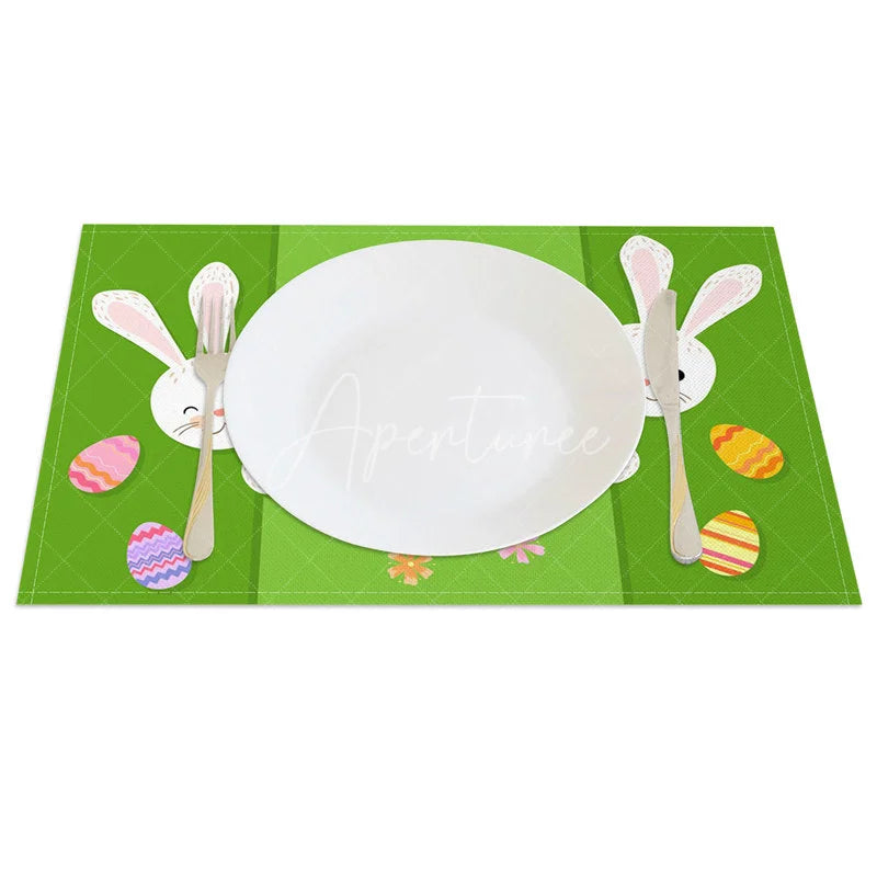 Aperturee - Aperturee Easter Set of 4 Placemats Green Background Peeking Bunnies Happy Easter Colorful Eggs Dining Table Mats