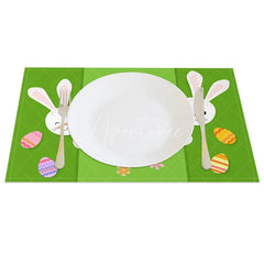 Aperturee - Aperturee Easter Set of 4 Placemats Green Background Peeking Bunnies Happy Easter Colorful Eggs Dining Table Mats