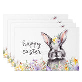 Aperturee - Aperturee Easter Set of 4 Placemats Grey Bunny Portrait Happy Easter Purple Floral Dining Table Mats