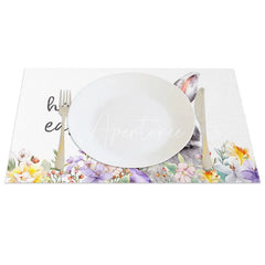 Aperturee - Aperturee Easter Set of 4 Placemats Grey Bunny Portrait Happy Easter Purple Floral Dining Table Mats