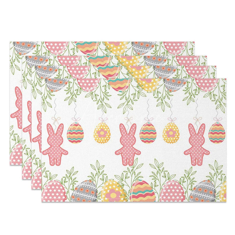 Aperturee - Aperturee Easter Set of 4 Placemats Hanging Gingham Bunnies Colorful Eggs Greenery Border Dining Table Mats