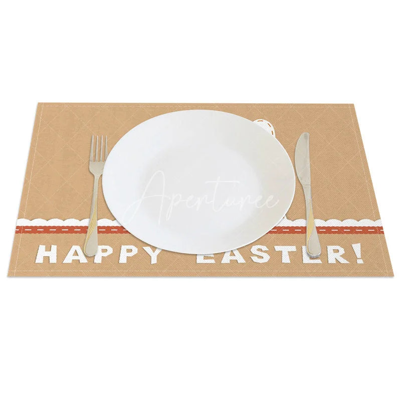 Aperturee - Aperturee Easter Set of 4 Placemats Kraft Paper Texture Bunny Ears White Lace Happy Easter Dining Table Mats