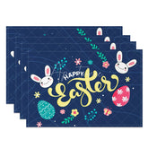 Aperturee - Aperturee Easter Set of 4 Placemats Navy Blue Happy Easter Bright Bunny Eggs Floral Dining Table Mats