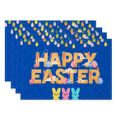 Aperturee - Aperturee Easter Set of 4 Placemats Navy Blue Happy Easter Hanging Eggs Candy Bunny Kids Party Table Mats