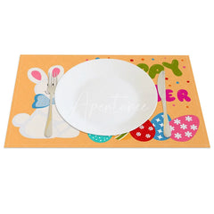 Aperturee - Aperturee Easter Set of 4 Placemats Orange Background White Bunny Happy Easter Colorful Eggs Dining Table Mats