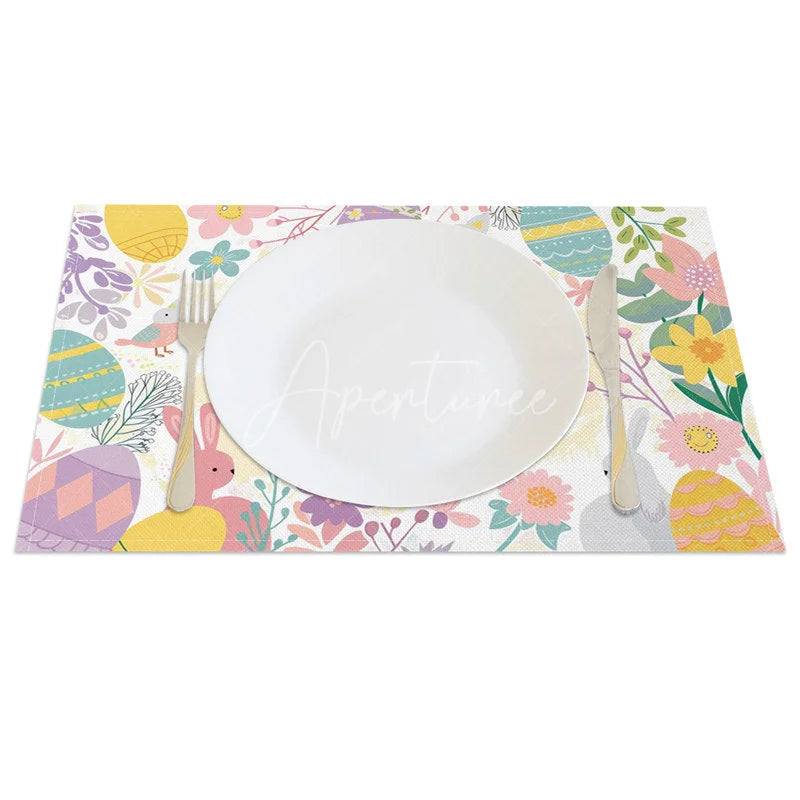 Aperturee - Aperturee Easter Set of 4 Placemats Pastel Bunnies and Birds Spring Floral Illustration Dining Table Mats