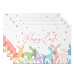 Aperturee - Aperturee Easter Set of 4 Placemats Pastel Bunny Silhouettes Happy Easter Floral White Dining Table Mats