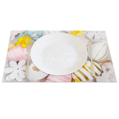 Aperturee - Aperturee Easter Set of 4 Placemats Pastel Gold Striped Eggs Elegant White Flower Spring Dining Table Mats