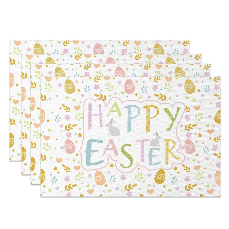 Aperturee - Aperturee Easter Set of 4 Placemats Pastel Happy Easter Lettering Cute Bunny Floral Pattern Dining Table Mats